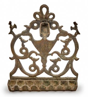 Old Hanukkah Lamp in North African Style, Made of Cast Brass. Decorated with Hebrew inscriptions 