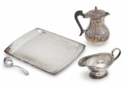 4 Silver-Plated Metal Items, Some Stamped. Teapot height: 19 cm. 
Spoon length: 12 cm