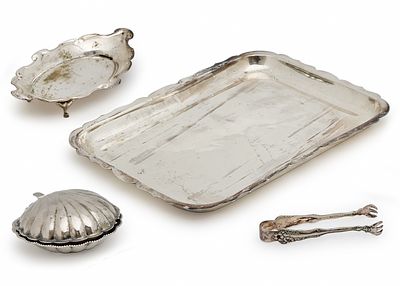 4 Silver-Plated Metal Items, Some Stamped. Tray length: 29 cm. 
Butter dish width: 11 cm