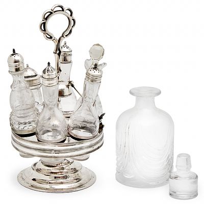 Pair of Silver-Plated Metal and Glass Serving Pieces, Decanter with Matching Stopper. Decanter 