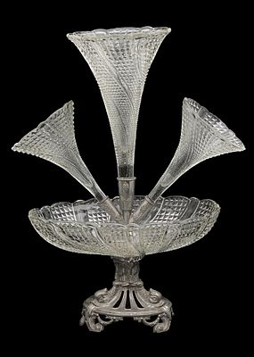 Centerpiece Made of Silver-Plated Metal and Crystal Parts. Total height: 40 cm