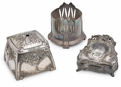 Three Metal Items in Art Nouveau Style. Some stamped. Two boxes with detached lids. 
Width of 