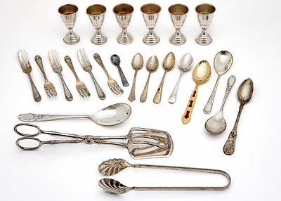 Various Silver-Plated Metal Items. Flatware parts, serving pieces, small cups. 
Cup height: 7 