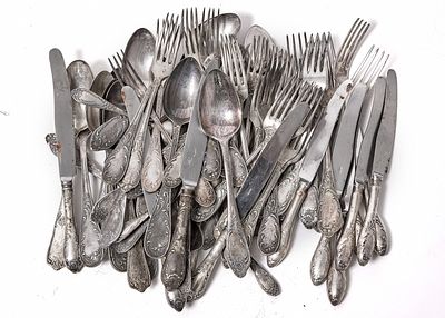 Parts of a Russian (Soviet) Flatware Set Made of Stamped Melchior. The set includes: 
23 first 