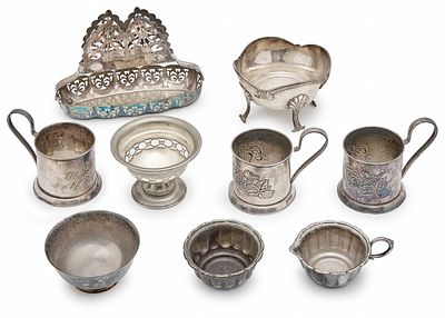 9 Various Silver-Plated Metal Items, Some Stamped. Napkin stand height: 15 cm. 
Diameter of 