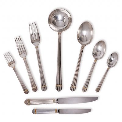 French Flatware Set by 'Christofle', Stamped, Made of Silver and Gold-Plated Metal. The set 