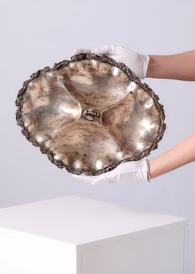 כלי כסף מקסיקני כבד, עשוי כסף 'סטרלינג' (חתום 925), משקל: 984 גרם. אורך: 37 ס"מ רוחב: 30 ס"מ 