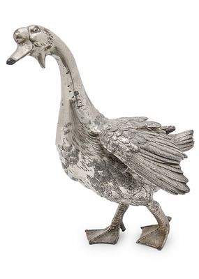 פסל שולחני בדמות אווז עשוי פליז יצוק מצופה כסף לא חתום. גובה: 25 ס"מ רוחב: 21 ס"מ