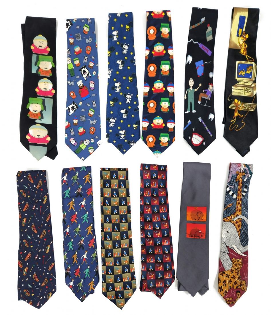 12 Ties in Various Colorful Designs and Printed Patterns. Including comic characters, humorous 