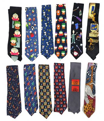 12 Ties in Various Colorful Designs and Printed Patterns. Including comic characters, humorous 