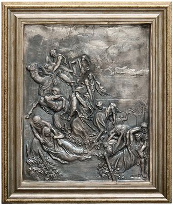 תבליט כסף מרוקע בעבודת יד בכסף סטרלינג, חתום. מידות התבליט עצמו: 31X25 ס"מ, מידות המסגרת: 40X33 ס"מ.