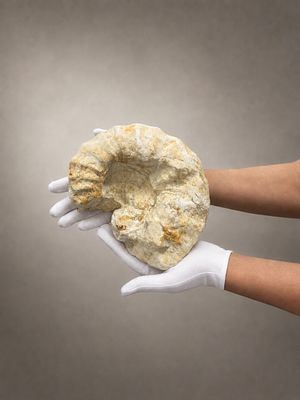 Ammonite Fossil Inlaid in a Natural Gypsum Block. Maximum diameter: 20 cm. 
Weight: 3 kg