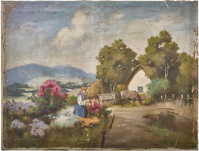 “Peasant Woman Holding a Clay Jug, ” Large Antique European Painting, Probably Hungarian School. 