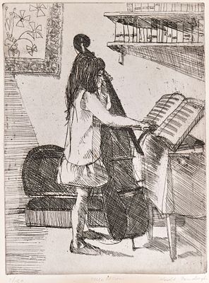 “Cello Lesson, ” an Etching by Gerald P. Fairclough, Signed. Dimensions: 30 x 22 cm 
Frame: 41 x 