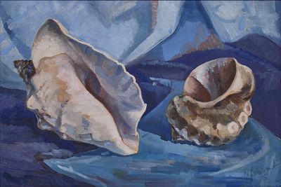 'Shells on a Blue Tablecloth, ' Oil on Canvas, Signed. Dated: 1976 
Dimensions: 40X60 cm 
Frame: 