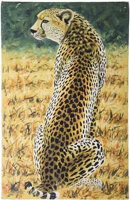Seated Cheetah, Oil on Canvas, Initialed on the Front. Additional signature on the reverse 
