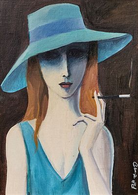 Avraham Pat - 'Woman Smoking with a Blue Hat' Oil on French Canvas, Signed and Dated 1976. Painti 