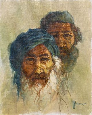 William Weintraub (1926–2017), Two Men, Oil on Canvas, Signed. 22X17 cm 
Frame: 42X37 cm