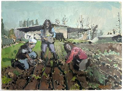 Eli Shamir, 'Noga and Friends Planting Onions, ' Oil on Canvas Laid on Board, Signed and Dated 2026