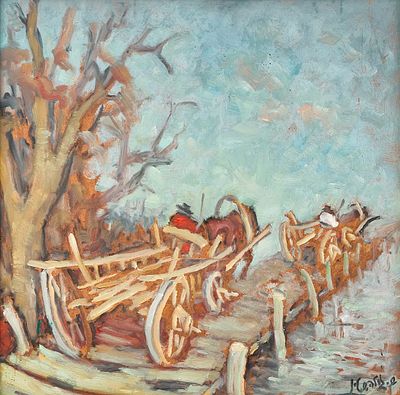 Shmuel Goldstein - Two Coachmen on a Pier, Oil on board, signed. Painting dimensions: 30X30 