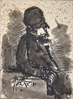 Moshe Bernstein – 'Dozing Jewish Boy, ' Watercolor on Paper, Signed. Staining to the paper 