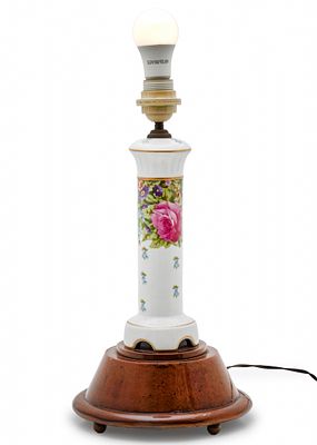 Porcelain Table Lamp Base Decorated with a Floral Pattern, on a Wooden Base. Overall height: 47 