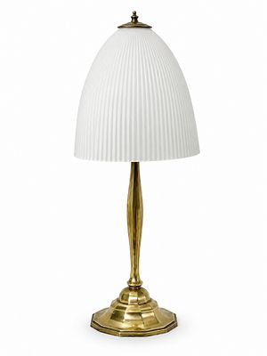 Art Deco Table Lamp Made of Glass with Brass Base and Grooved Glass Shade. Shade diameter 25 cm 