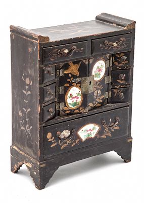 An Antique Chinese Tabletop Jewelry Cabinet, 19th Century. Made of wood and metal, with 