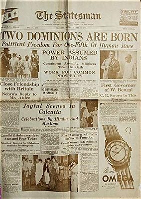 4 Pages (Front and Back) Used Newspaper The Statesman 15 August 1947, Historical Document