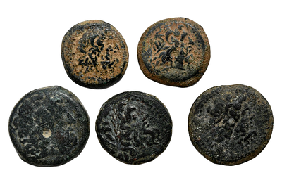A group of 5 bronze (Greek) coins from the Hellenistic period, Kings of the Ptolemaic dynasty.