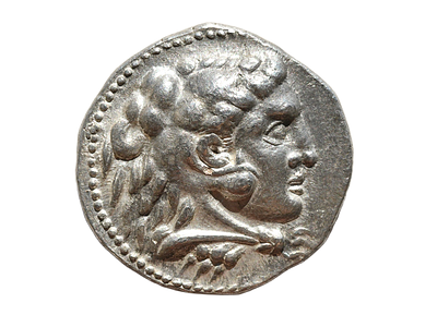 פיניקיה, מטבעת עיר עכו (ארץ ישראל). טטרדרכמה כסף שהוטבע בשמו של אלכסנדר מוקדון (הגדול) ששלט 