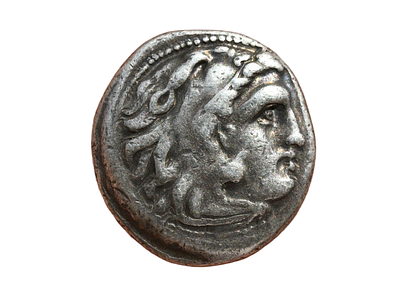 דרכמה כסף שהוטבע בשמו של אלכסנדר מוקדון (הגדול) ששלט בשנים 336-323 לפני הספירה. משקל 4.23 גרם 