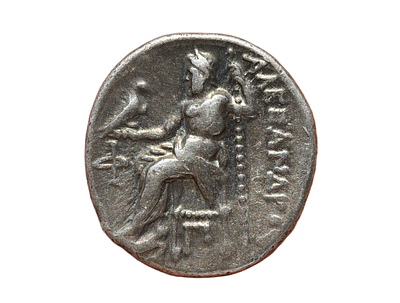 דרכמה כסף שהוטבע בשמו של אלכסנדר מוקדון (הגדול) ששלט בשנים 336-323 לפני הספירה. משקל 4.25 גרם 