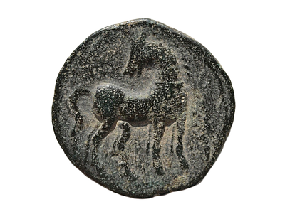 קָרְתָּגּוֹ, המלחמה הפונית השנייה, 215–201 לפנה״ס. שקל ברונזה מטבעת בקרתגו. משקל 7.05 גרם, קוטר 