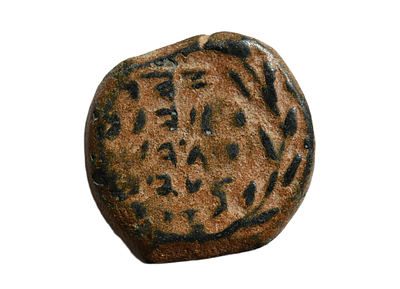 יהודה, יוחנן (יהוחנן החשמונאי) הורקנוס הראשון 135-104 לפני הספירה. מטבע פרוטה מברונזה, מטבעת 