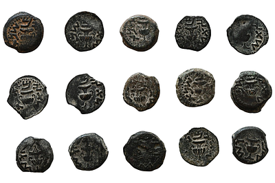 יהודה: קבוצה של 15 מטבעות פרוטה מברונזה של מרד הגדול, מטבעת ירושלים. תיאור טיפוס הפריט :