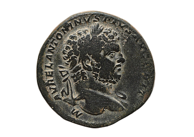 קיסר קרקלה 198–217 לספירה. מטבע ססטרטיוס (דיוקן יוצא מן הכלל) ברונזה (&AElig;) מטבעת רומא. נטבע בשנת 