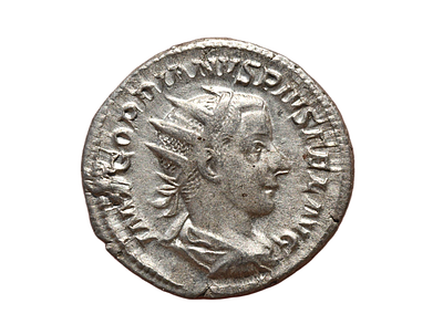 קיסר גורדיאנוס השלישי 238-244 לספירה. מטבע אנטוניאנוס כסף. משקל 3.65 גרם, קוטר 22 מ"מ. תיאור 