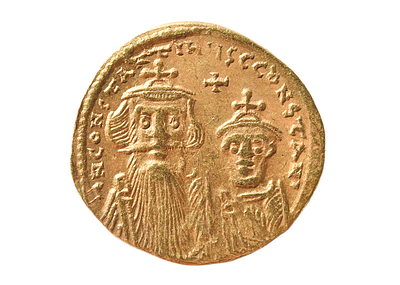 אימפריה הביזנטית, קיסר קונסטנס השני עם קונסטנטין הרביעי 641-668 לספירה. סולידוס זהב מטבעת 