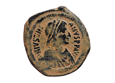 אימפריה הביזנטית, קיסר יוסטיניאן הראשון 527-565 לספירה. מטבע ברונזה מטבעת אנטיוכיה (טאופוליס). 