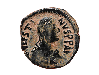 אימפריה הביזנטית, קיסר יוסטין הראשון 518-527 לספירה. מטבע ברונזה מטבעת קונסטנטינופוליס. משקל 