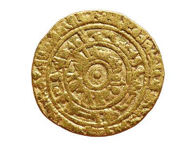 אסלאמי, הפאטמים. אבו תמים מעד אל-מועיז 953-975 לספירה. דינר זהב. מטבעת אל-מנצוריה. מתוארך לשנת 