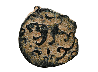 מטבע ברונזה אסלאמי ימי בניים, עם אריה, תקופה ממלוכית - עות'מאנית קדומה. משקל 1.44 גרם, קוטר 17 מ"מ.