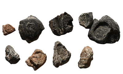 קבוצה של 9 בולות (טביעות חותם) חרס מתקופות שונות. 24 מ"מ. אורך. תיאור טיפוס הפריט : 
לא ליצוא!