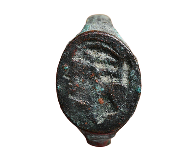 Greek Hellenistic Bronze Ring with Queen Berenice II Euergetis 258-221 BC. Inner ring diameter 