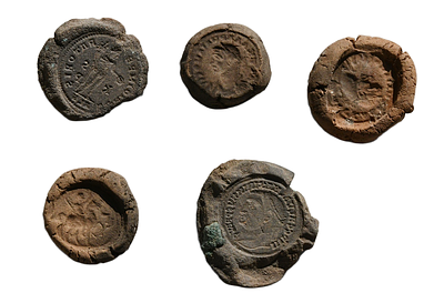 קבוצה של 5 תבניות חרס למטבעות, תקופה רומית מאוחרת, סביב ראשית מאה 4 הספירה. גודל 23 - 33 מ"מ. תי 