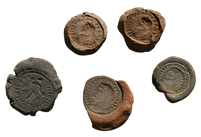 קבוצה של 5 תבניות חרס למטבעות, תקופה רומית מאוחרת, סביב ראשית מאה 4 הספירה. גודל 25 - 32 מ"מ. תי 
