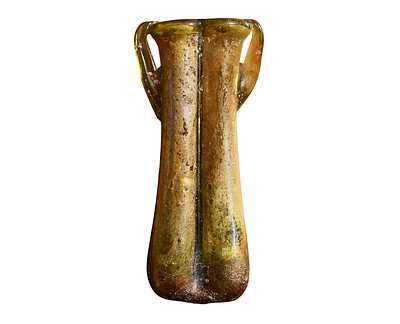 בקבוקון קוסמטי כפול (אנגואנטריום), תקופה ביזנטי מזכוכית צהבהב, עם שתי ידיות מאות 5–6 לספירה. 