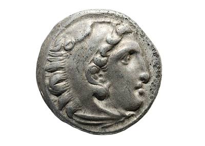 Silver Drachm in the Name of Alexander III the Great 336-323 BC. Weight 4.34 grams, Length 18 mm. 