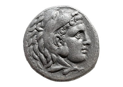 Silver Drachm in the Name of Alexander III the Great 336-323 BC. Weight 4.13 grams, Length 18 mm. 